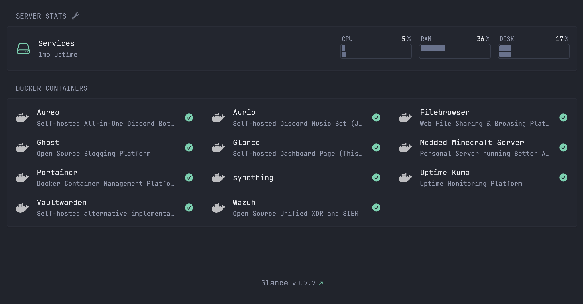 My Self Hosted Services shown on Glance Dashboard
